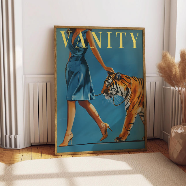 Vintage Woman Walking a Tiger Poster  Women Fashion Magazine Wall Art Badass Bestie Eclectic Feminist Print Funny Retro Wall Decor