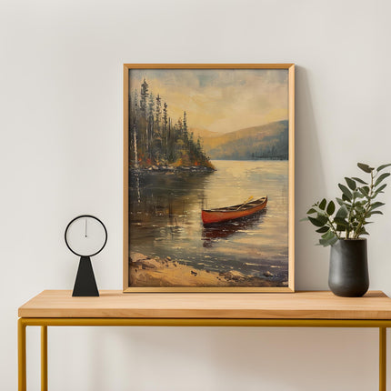 Vintage Canoe in the Lake Oil Painting Print Rustic Antique Retro Outdoor Sports Poster Canadian Travel Cabin Cottage Wall Art Gift