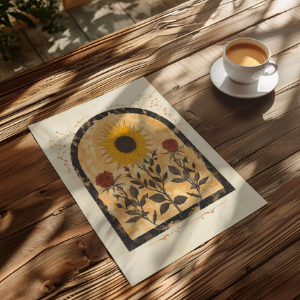 Sunflower and Roses Sun Art Poster Mystical Folk Art Illustration Flowery Spiritual Print Botanical Boho Wall Art Earth Tones Bedroom Decor