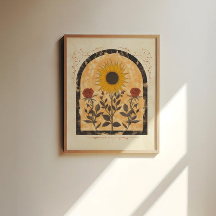 Sunflower and Roses Sun Art Poster Mystical Folk Art Illustration Flowery Spiritual Print Botanical Boho Wall Art Earth Tones Bedroom Decor