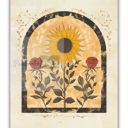 Sunflower and Roses Sun Art Poster Mystical Folk Art Illustration Flowery Spiritual Print Botanical Boho Wall Art Earth Tones Bedroom Decor