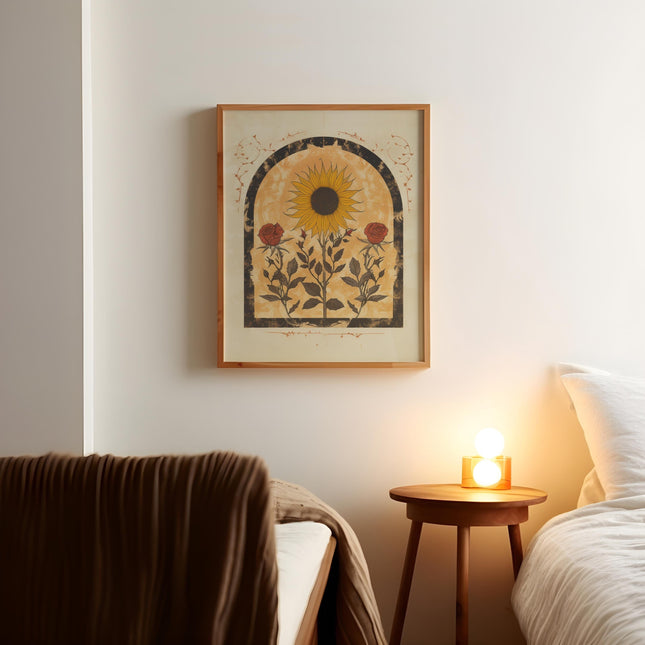 Sunflower and Roses Sun Art Poster Mystical Folk Art Illustration Flowery Spiritual Print Botanical Boho Wall Art Earth Tones Bedroom Decor