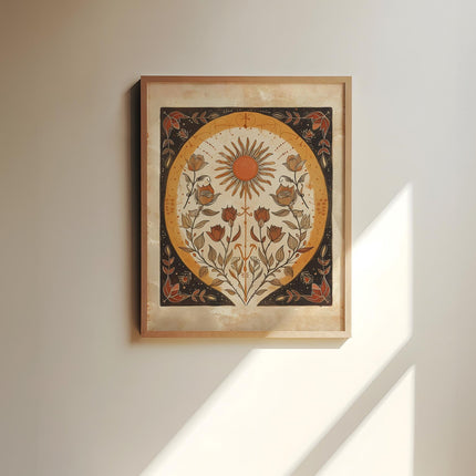 Orange Sun and Roses Sun Art Poster Mystical Folk Art Illustration Flowery Spiritual Print Botanical Boho Wall Art Earth Tones Bedroom Decor