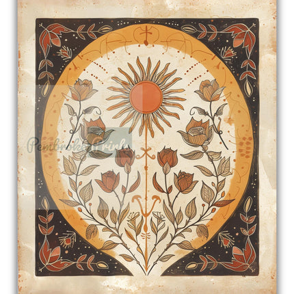 Orange Sun and Roses Sun Art Poster Mystical Folk Art Illustration Flowery Spiritual Print Botanical Boho Wall Art Earth Tones Bedroom Decor