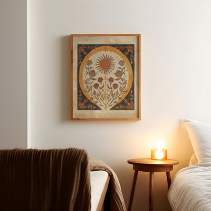 Orange Sun and Roses Sun Art Poster Mystical Folk Art Illustration Flowery Spiritual Print Botanical Boho Wall Art Earth Tones Bedroom Decor