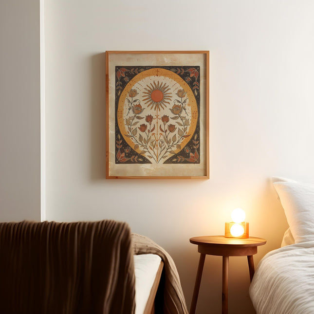 Orange Sun and Roses Sun Art Poster Mystical Folk Art Illustration Flowery Spiritual Print Botanical Boho Wall Art Earth Tones Bedroom Decor