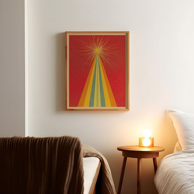 Vintage Rainbow Beam Pyramid Sun Art Poster Art Deco Style Folk Art Illustration Spiritual Print Wall Art Vibrant Tones Bedroom Decor