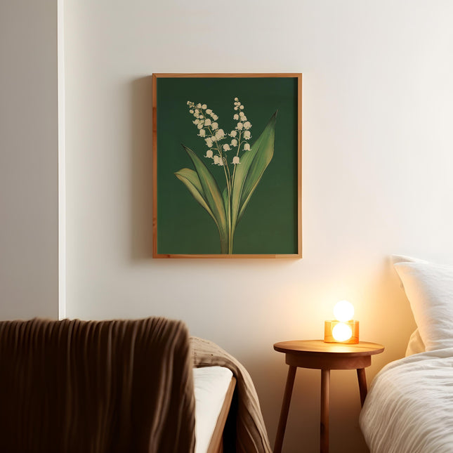 Vintage Lily of the Valley Drawing Print Emerald Green Rustic Farmhouse Decor May Birth Flower Gift  Minimalist Flowery Botanical Wall Art