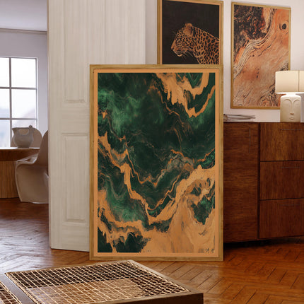 Emerald Green and Gold Marble Swirl Wall Art Retro Abstract Poster Boho Style Print Living Room Wall Art Decor Mid Century Modern Art