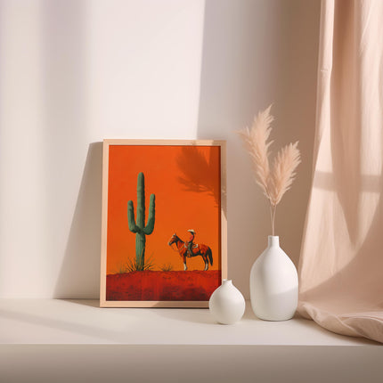 Cowgirl Minimalist Boho Western Illustration, Vintage Southwestern Boho Art, Cowboy Wall Print, Terracotta Sunset, Retro Cowboy Cowgirl Art