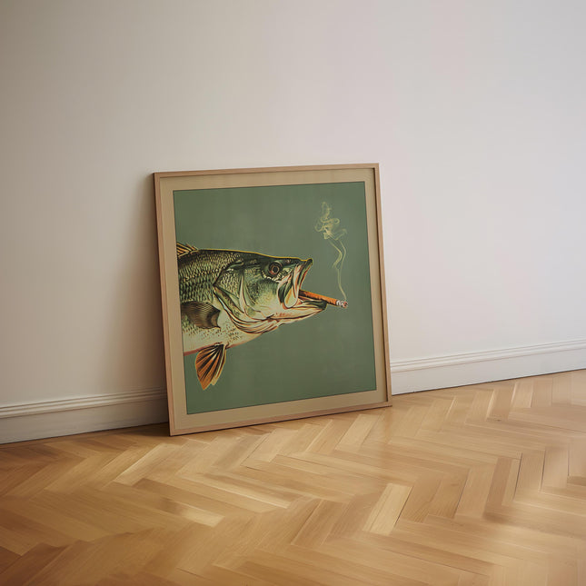 Bass Smoking a Cigarette Vintage Poster Art Funny Retro Whimsical Print Cabin Wall Decor Outdoor Sports Fisherman Illustration Gift for Dad