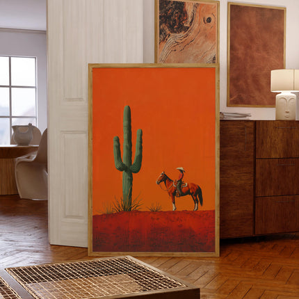 Cowgirl Minimalist Boho Western Illustration, Vintage Southwestern Boho Art, Cowboy Wall Print, Terracotta Sunset, Retro Cowboy Cowgirl Art