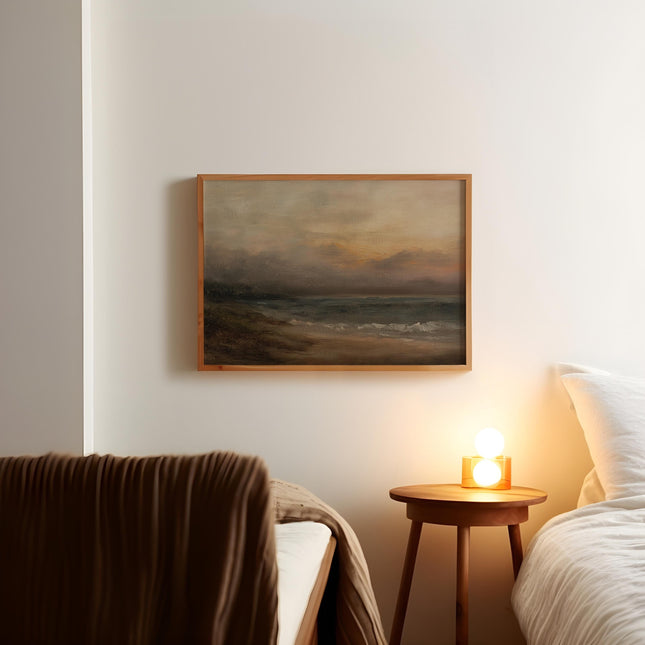 Beach Sunset Oil Painting, Vintage Landscape Print, Moody Painting, Rustic Farmhouse Wall Decor, Antique Art, Cottage Wall Art
