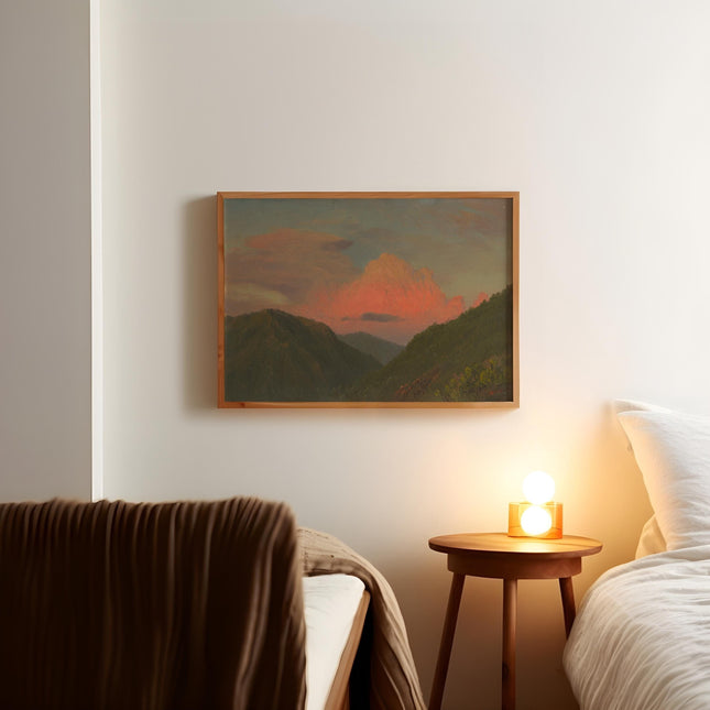 Sunset over Hilltops Vintage Oil Painting Print Rustic 1800s Painting Orange Sunset Wall Decor Antique Art Cabin Cottage Scenery Wall Art