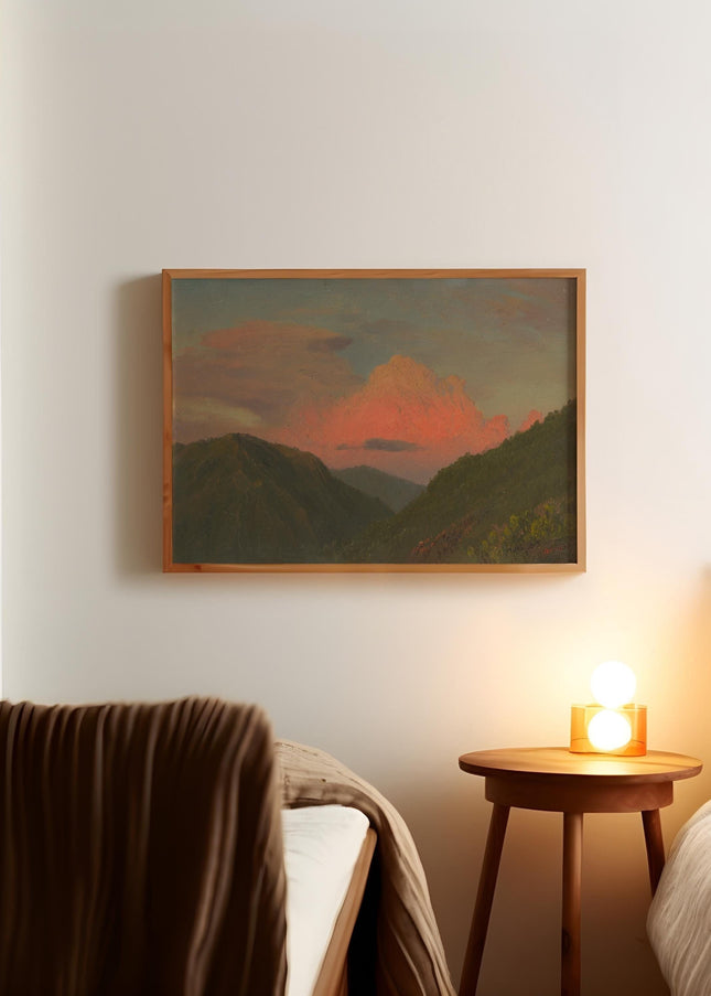 Sunset over Hilltops Vintage Oil Painting Print Rustic 1800s Painting Orange Sunset Wall Decor Antique Art Cabin Cottage Scenery Wall Art
