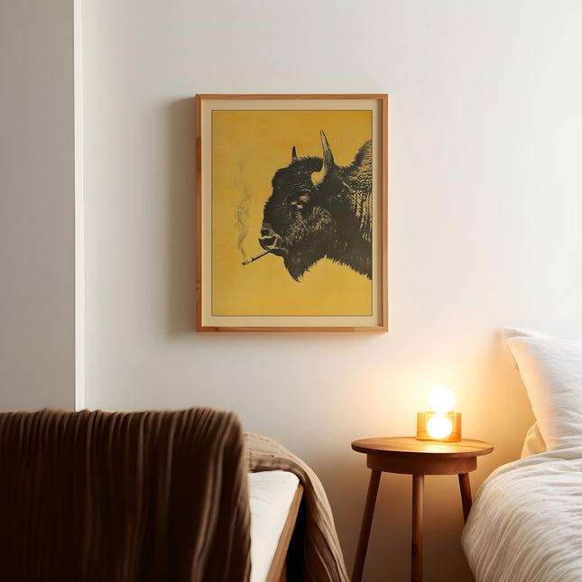 Bison Smoking a Cigarette Vintage Poster Art Funny Buffalo Retro Whimsical Print Cabin Wall Decor Outdoor Sports Hunter Illustration