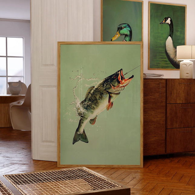 Vintage Bass Fishing Poster Art Cabin Wall Decor Outdoor Sports Angler Fisherman Illustration Father's Day Gift for Dad