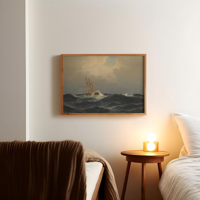 Vintage Fishing Boat at Sea Oil Painting Print Moody Rustic Farmhouse Ocean Painting Wall Decor Antique Art Cabin Cottage Scenery Wall Art