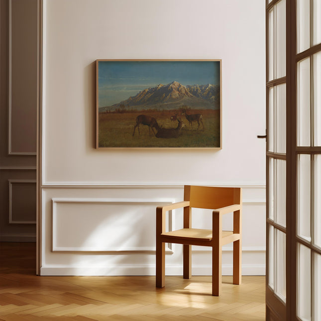 Deer in the Mountains Vintage Oil Painting Print Rustic 1800s Landscape Painting Rocky Mountain Wall Decor Antique Art Painting for Cabin