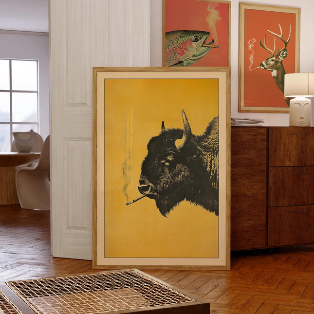 Bison Smoking a Cigarette Vintage Poster Art Funny Buffalo Retro Whimsical Print Cabin Wall Decor Outdoor Sports Hunter Illustration