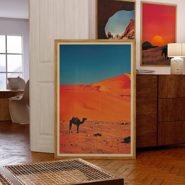 Vintage Camel in Sahara Desert Poster Retro Y2K Wall Decor Backpacking Magazine Advertisement Print Outdoor Travel Print 1980s Catalogue Art