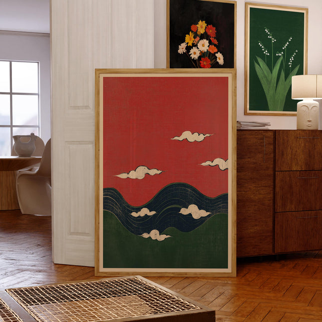 Vintage Abstract Waves and Clouds Japanese Woodblock Print Japan Edo Style Drawing Decor Vibrant Colour Minimalist Boho Wall Art