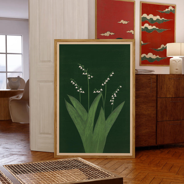 Vintage Lily of the Valley Japanese Woodblock Print Emerald Green Abstract Drawing Style Decor May Birth Flower Gift Minimalist Botanical
