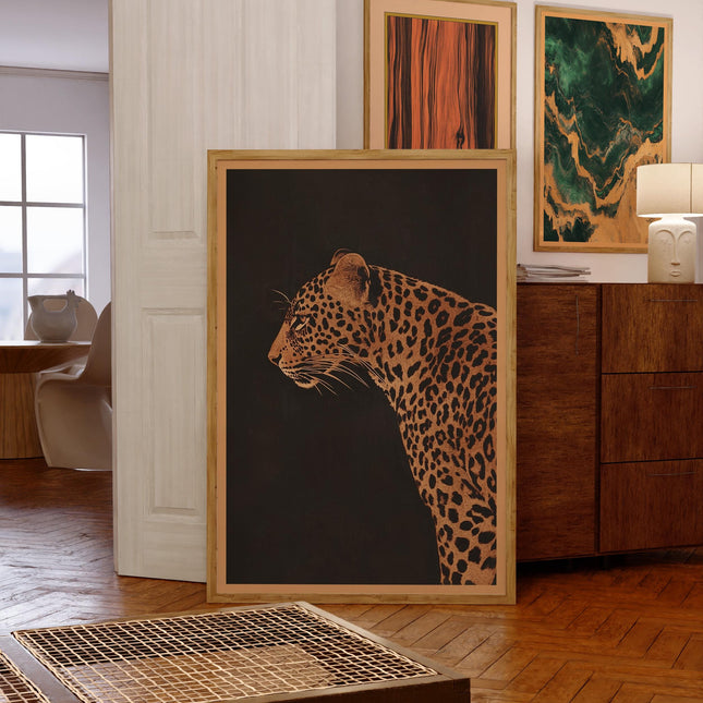 Vintage Leopard on Black Background Print Minimalist Safari Animal Wall Decor Retro Outdoors Poster African Savannah Cabin Cottage Wall Art