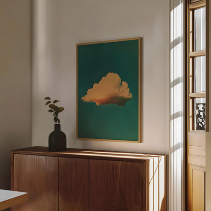 Retro Fluffy Cloud in the Sky Poster Abstract Minimalist Wall Art Print Emerald Green Illustration Print Wall Art Moody Bedroom Decor