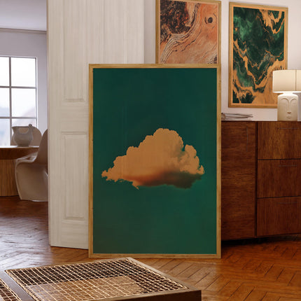 Retro Fluffy Cloud in the Sky Poster Abstract Minimalist Wall Art Print Emerald Green Illustration Print Wall Art Moody Bedroom Decor