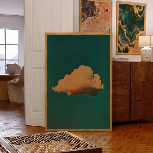 Retro Fluffy Cloud in the Sky Poster Abstract Minimalist Wall Art Print Emerald Green Illustration Print Wall Art Moody Bedroom Decor