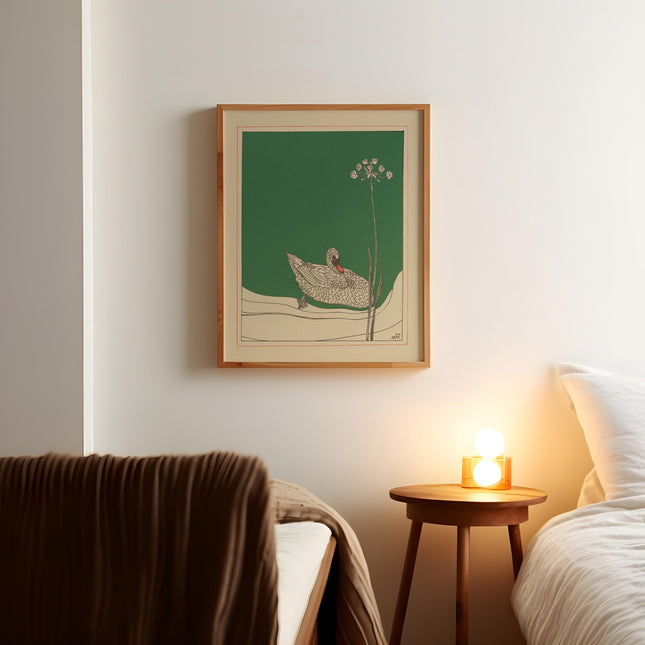 Vintage Swan Drawing Print Japanese Woodblock Print Theo Van Hoytema Antique Cabin Cottage Wall Decor Emerald Green Minimalist Boho Wall Art