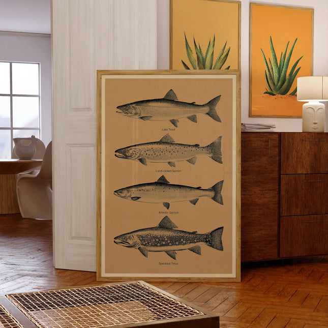Trout and Salmon Vintage Fly Fishing Poster Art Retro Cabin Wall Decor Outdoor Sports Fisherman Illustration Father's Day Gift for Dad