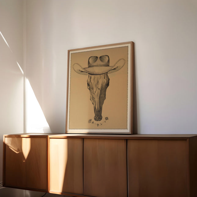 Vintage Cow Skull Wearing A Cowboy Hat Pencil Drawing Poster Western Floral Rose Art Print Retro Cowgirl Art Farmhouse Wall Decor Boho Print