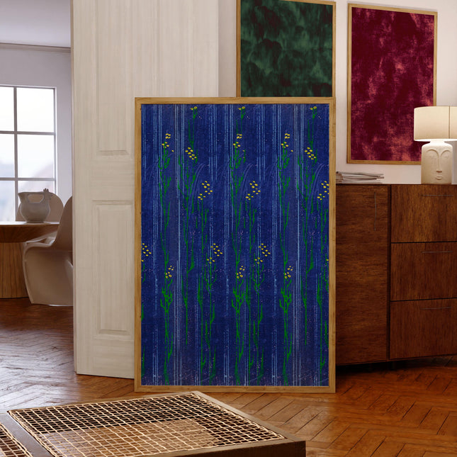 Blue and Green Floral Pattern Print Vintage Japanese Style Woodblock Print Japan Edo Poster for Bedroom Decor Minimalist Boho Wall Art