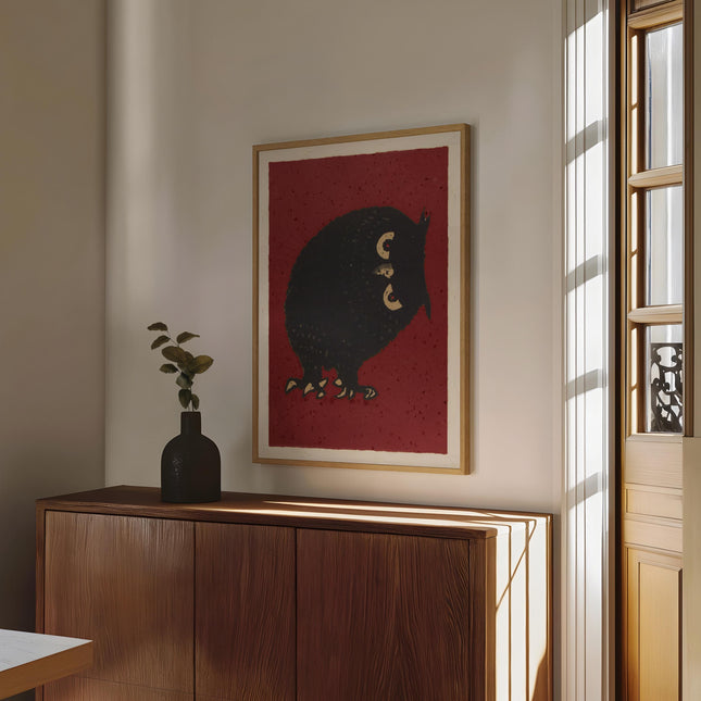 Vintage Owl Art Retro Japanese Style Drawing Print Japan Edo Poster Moody Bedroom Decor Dark Gothic Red Color Minimalist Boho Wall Art
