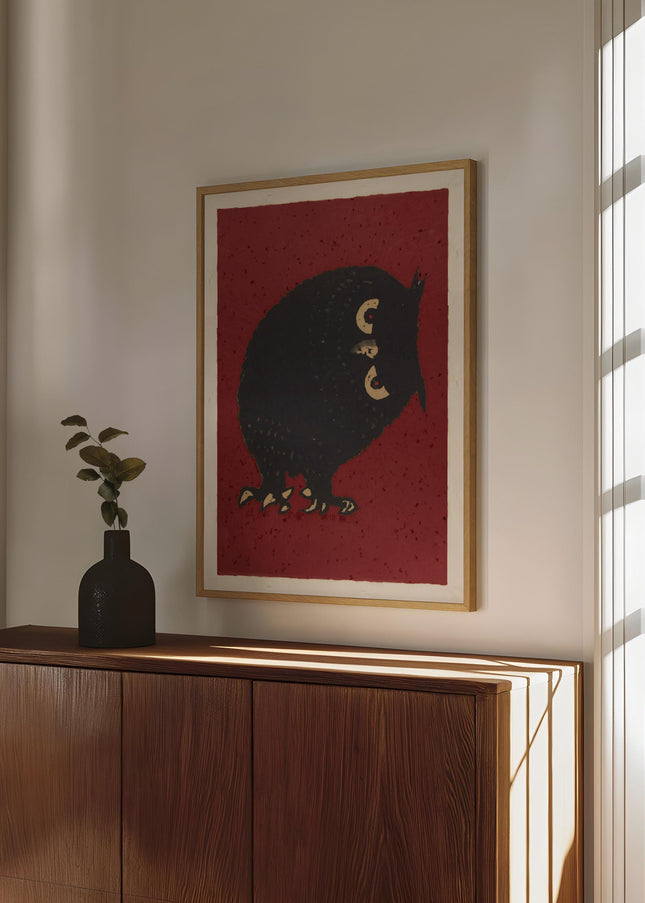 Vintage Owl Art Retro Japanese Style Drawing Print Japan Edo Poster Moody Bedroom Decor Dark Gothic Red Color Minimalist Boho Wall Art