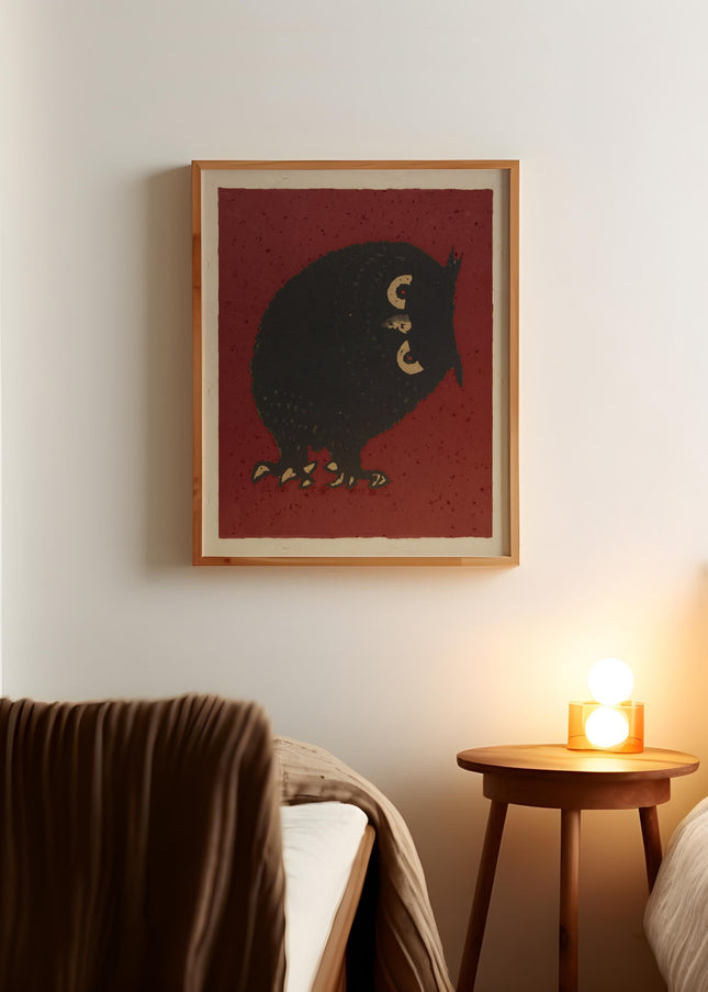Vintage Owl Art Retro Japanese Style Drawing Print Japan Edo Poster Moody Bedroom Decor Dark Gothic Red Color Minimalist Boho Wall Art