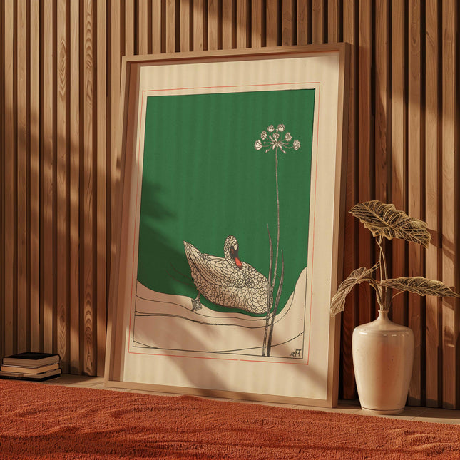 Vintage Swan Drawing Print Japanese Woodblock Print Theo Van Hoytema Antique Cabin Cottage Wall Decor Emerald Green Minimalist Boho Wall Art