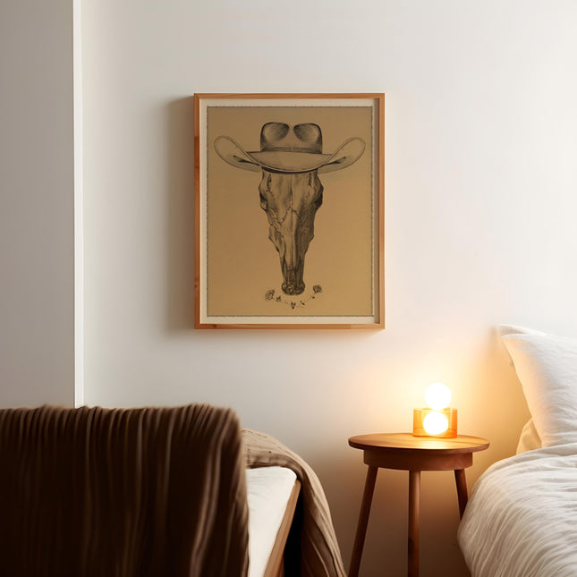 Vintage Cow Skull Wearing A Cowboy Hat Pencil Drawing Poster Western Floral Rose Art Print Retro Cowgirl Art Farmhouse Wall Decor Boho Print