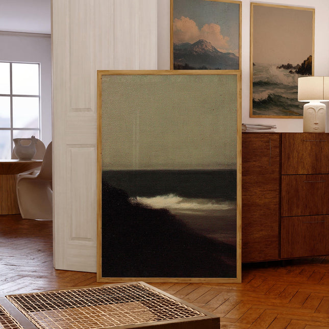 Waves Crashing on Beach Vintage Oil Painting Rustic Ocean Coast 1800s Print Moody Wall Decor Antique Cottage Farmhouse Minimalist Wall Art