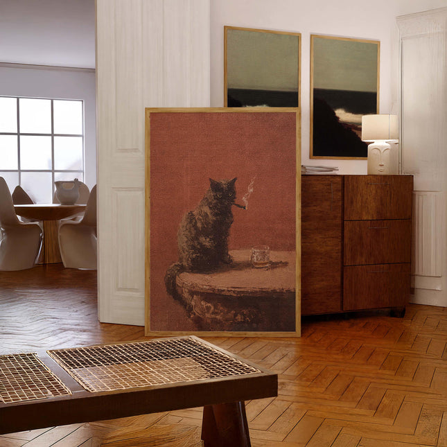 Black Cat Smoking a Cigarette Print Vintage Oil Painting Funny Animal Art Whimsical Wall Art Poster for Bar Cart Quirky Kitchen Wall Decor