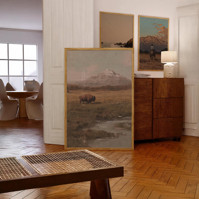 Lone Bison in a Field Vintage Oil Painting Print Rustic Antique Retro Buffalo Print Rocky Mountain Poster Western Cabin Cottage Wall Art
