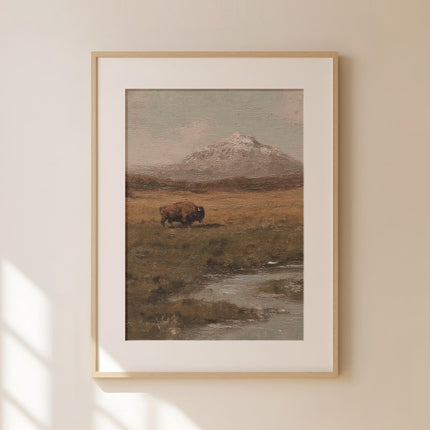 Lone Bison in a Field Vintage Oil Painting Print Rustic Antique Retro Buffalo Print Rocky Mountain Poster Western Cabin Cottage Wall Art