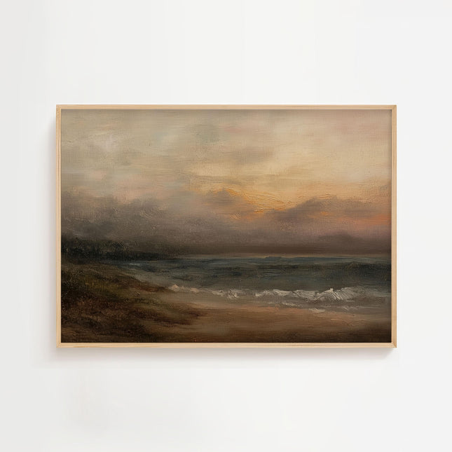 Beach Sunset Oil Painting, Vintage Landscape Print, Moody Painting, Rustic Farmhouse Wall Decor, Antique Art, Cottage Wall Art