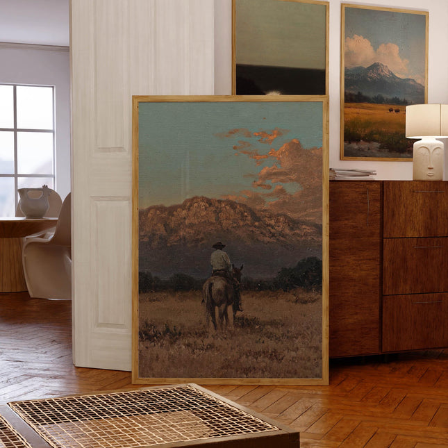 Vintage Western Cowboy Oil Painting Rustic 1800s Horse Poster Antique Retro Mid Century Decor Rocky Mountain Western Cabin Cottage Wall Art