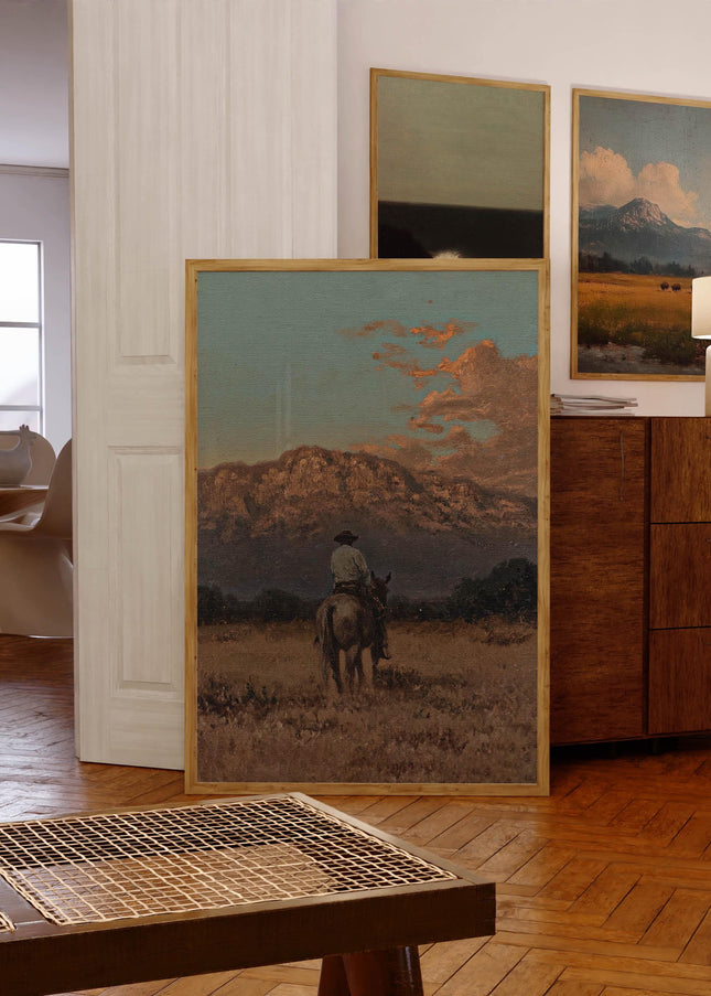 Vintage Western Cowboy Oil Painting Rustic 1800s Horse Poster Antique Retro Mid Century Decor Rocky Mountain Western Cabin Cottage Wall Art