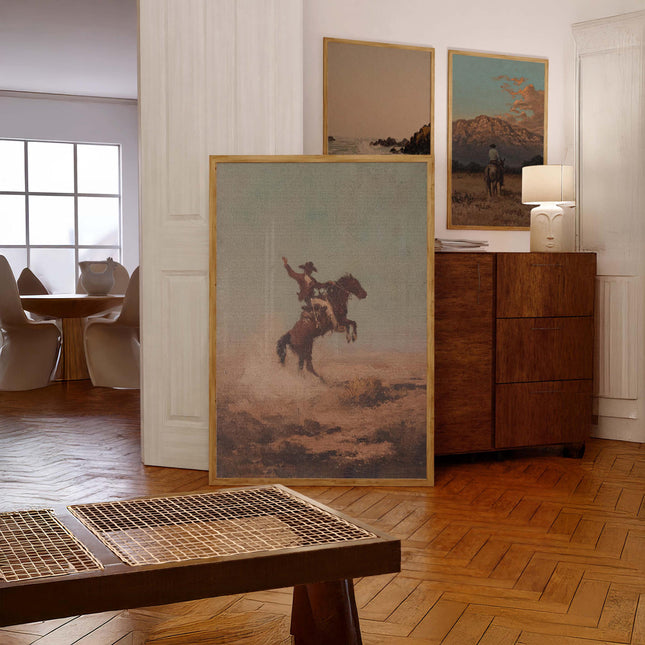 Vintage Bucking Bronco Print Western Oil Painting Rustic Western Cowboy Poster Antique Retro Mid Century Decor Horse Cabin Cottage Wall Art