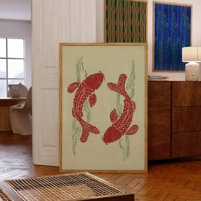 Vintage Red Koi Fish Print, Japanese Woodblock Print, Japan Edo Style Drawing, Fish Decor, Vibrant Colour Wall Decor, Boho Wall Art