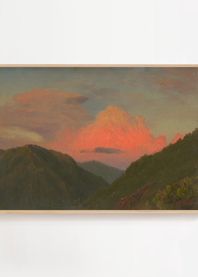 Sunset over Hilltops Vintage Oil Painting Print Rustic 1800s Painting Orange Sunset Wall Decor Antique Art Cabin Cottage Scenery Wall Art